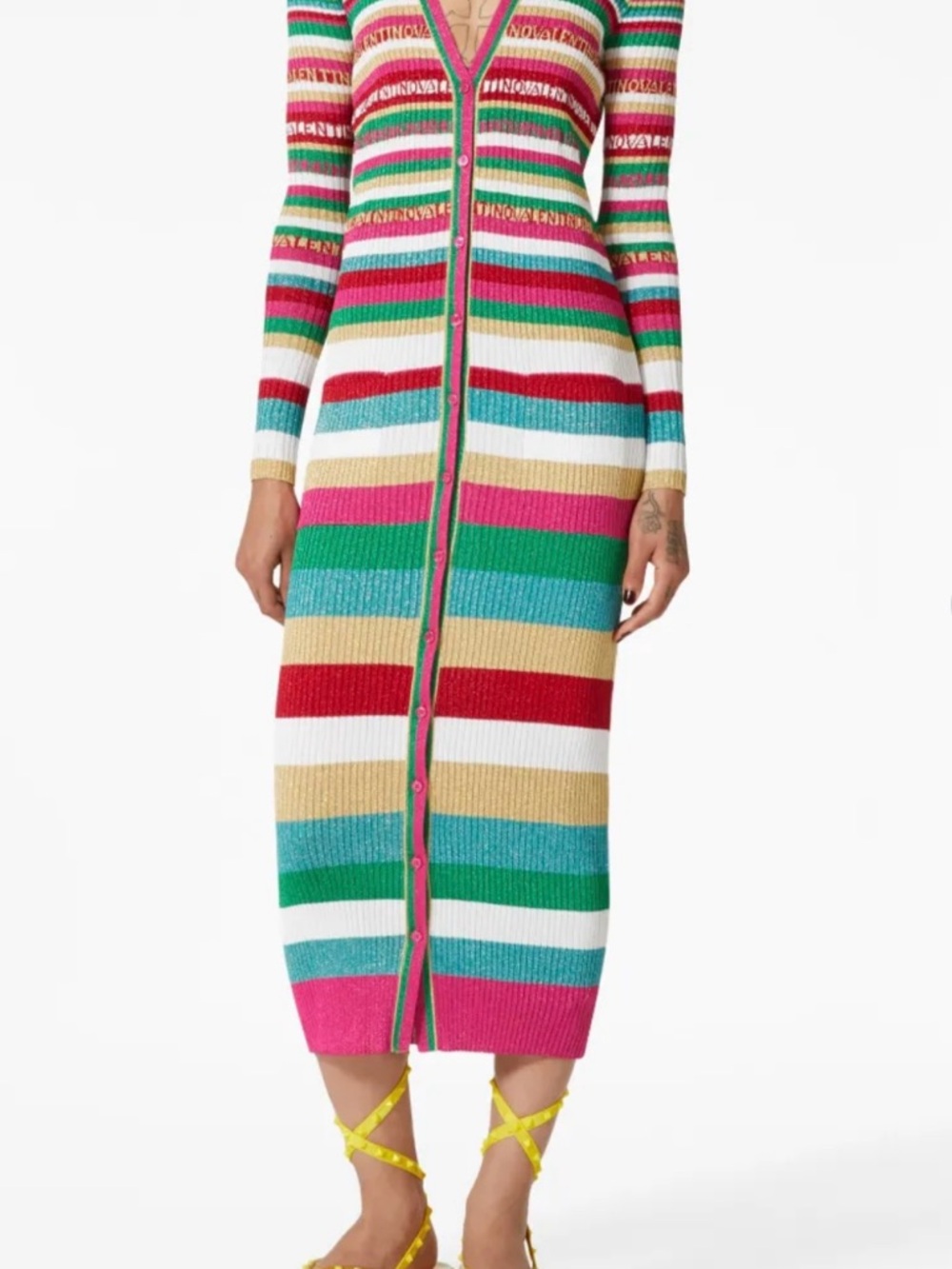 Valentino Garavani Colorful Striped Ribbed Button-Down Midi Dress / Cardigan